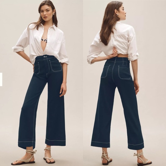 Anthropologie Pants - Anthropologie Maeve The Colette Contrast Stitch Linen Crop Wide Leg Pants